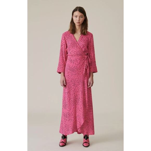 Ganni Dresses & Skirts - GANNI Floral Wrap Midi Dress Pink Navy Print Size EU 42 US 12 V-Neck Long Sleeve